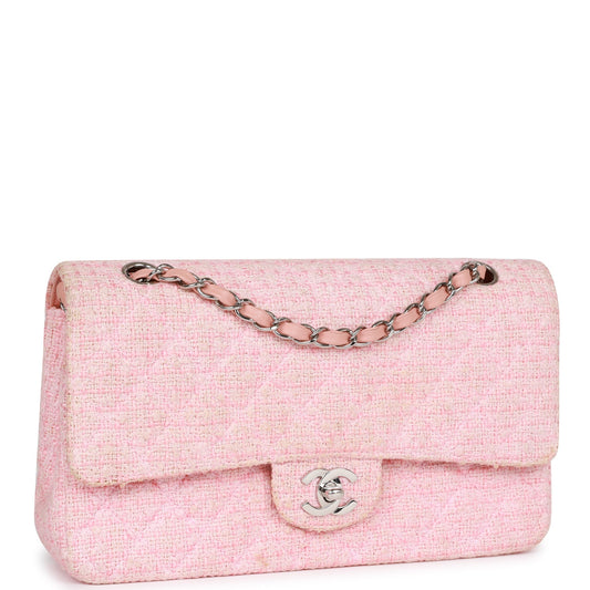 Vintage Chanel Medium Classic Double Flap Bag Pink Tweed Silver Hardware