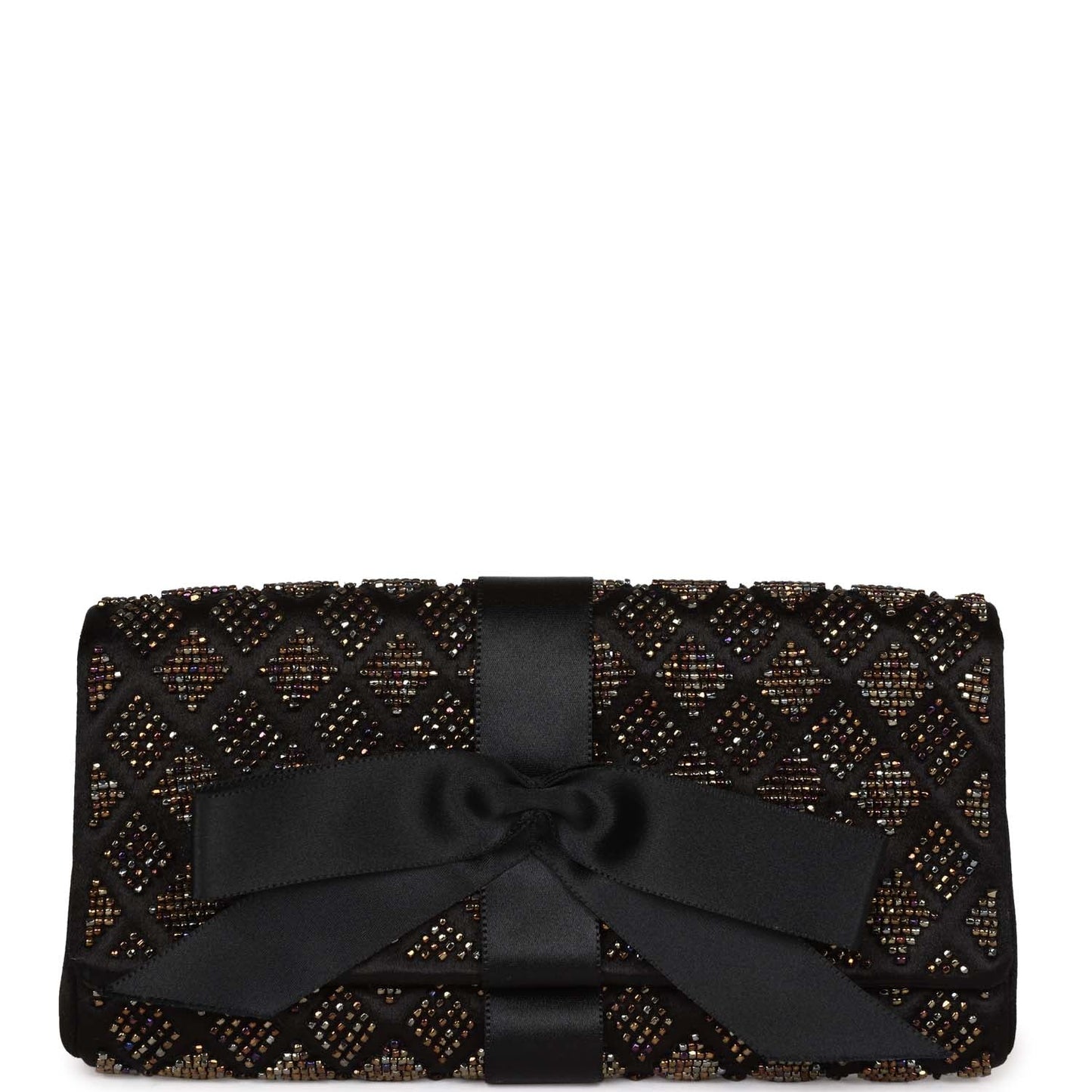 Vintage Chanel Bead Embellished Bow Flap Clutch Black Satin