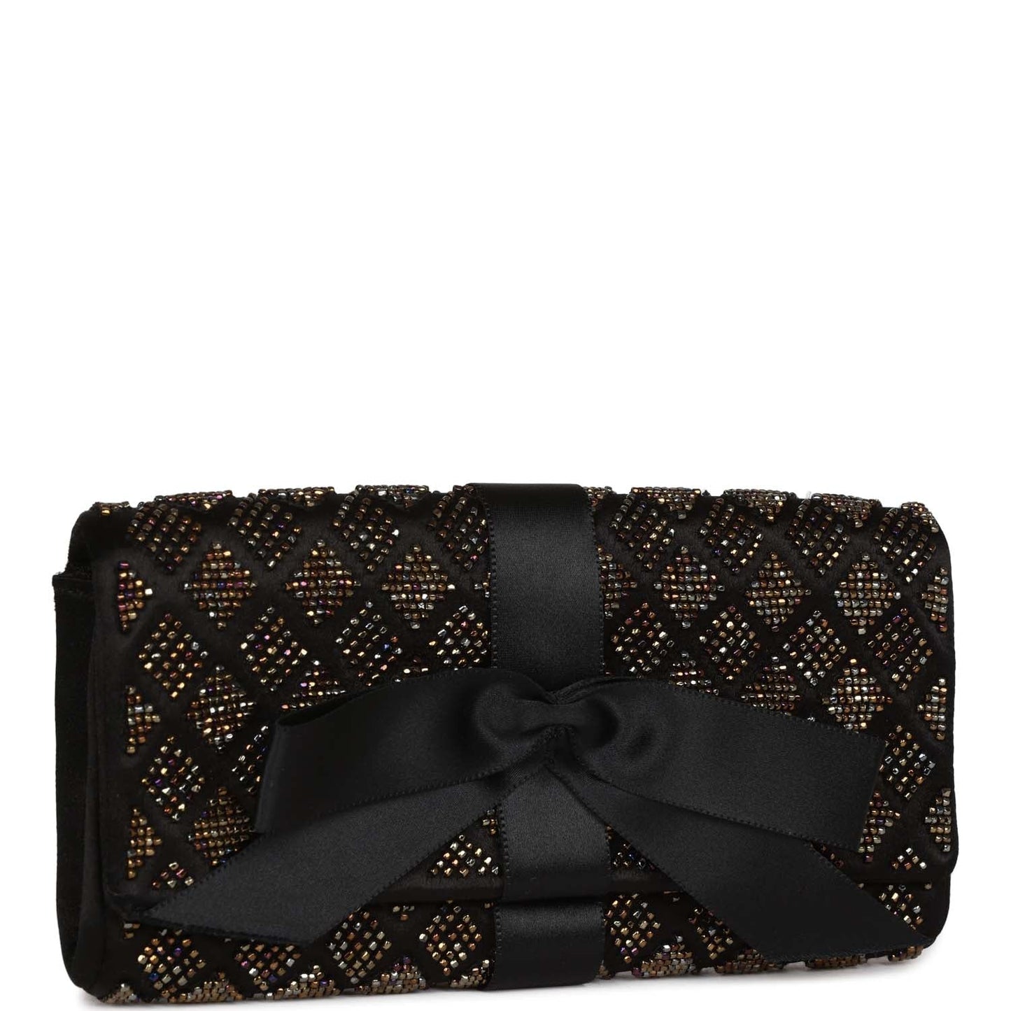 Vintage Chanel Bead Embellished Bow Flap Clutch Black Satin