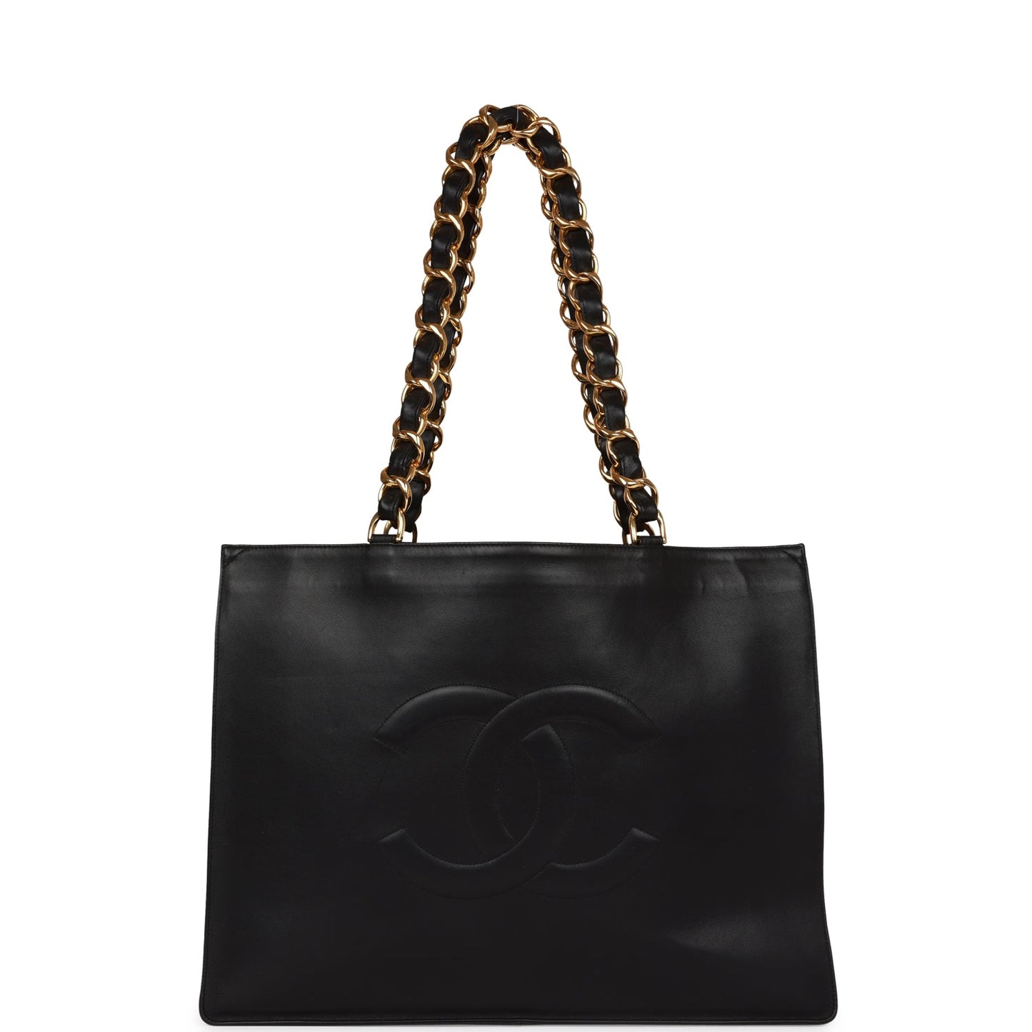 Vintage Chanel CC Chain Shopping Tote Bag Black Lambskin Gold Hardware