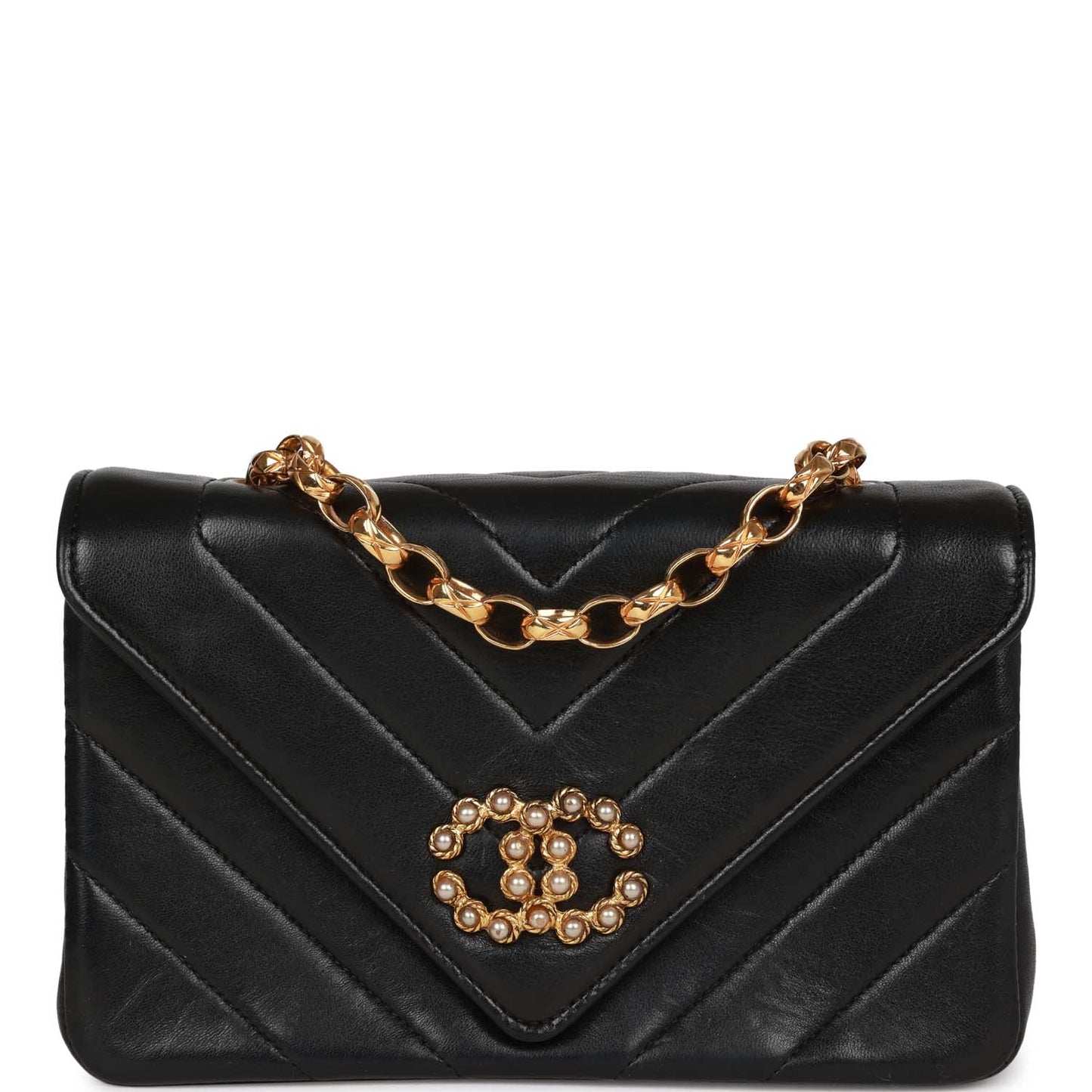 Vintage Chanel Faux Pearl Coco Bijou Mini Flap Bag Black Lambskin Gold Hardware