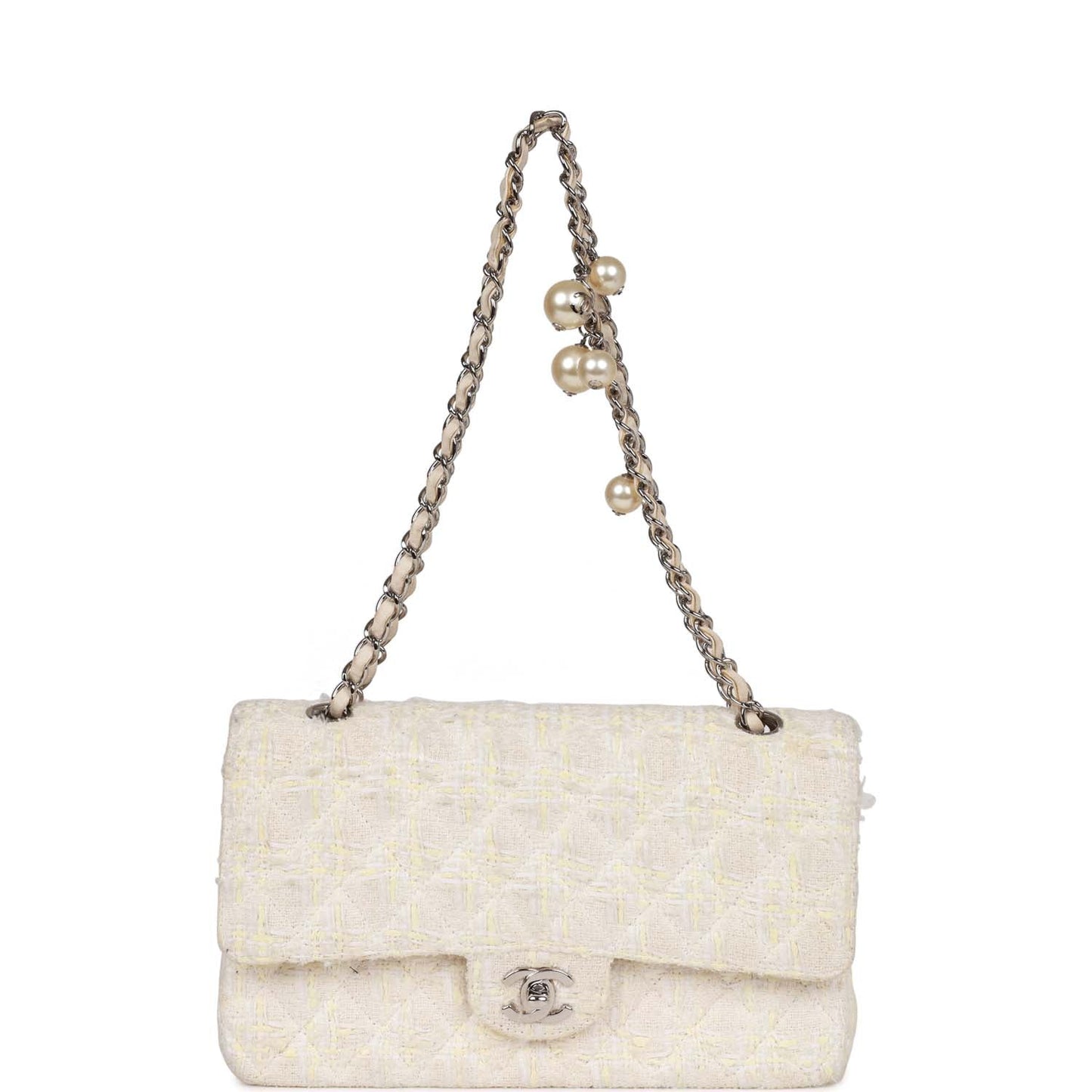 Vintage Chanel Medium Double Flap Bag White Tweed Silver Hardware