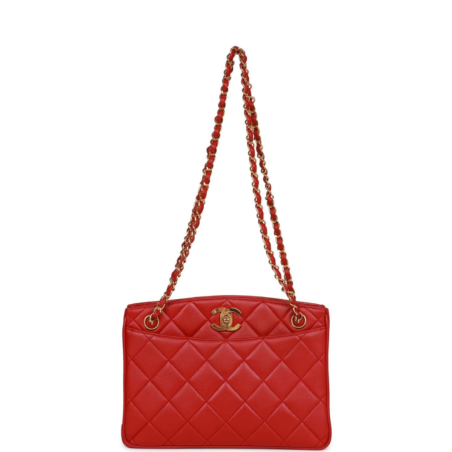 Vintage Chanel Mini Chain Tote Bag Red Lambskin Gold Hardware