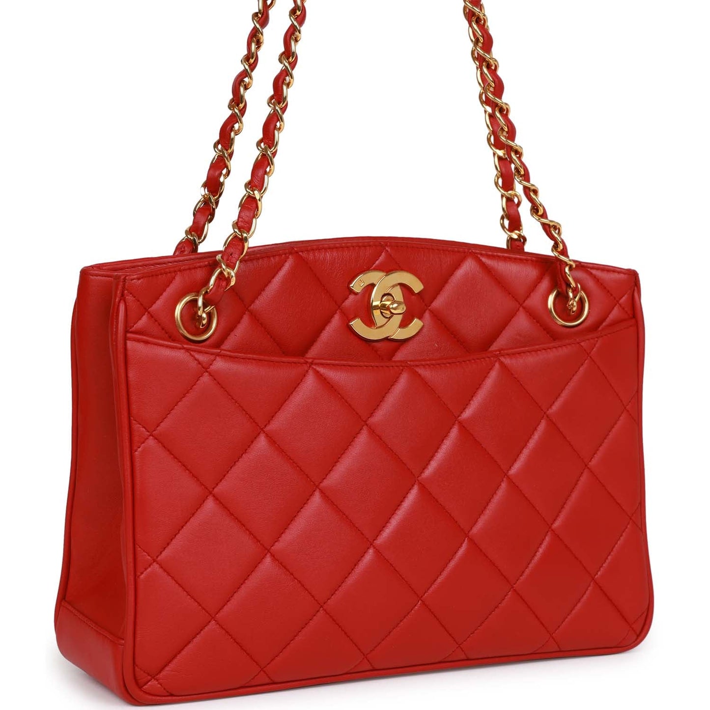 Vintage Chanel Mini Chain Tote Bag Red Lambskin Gold Hardware