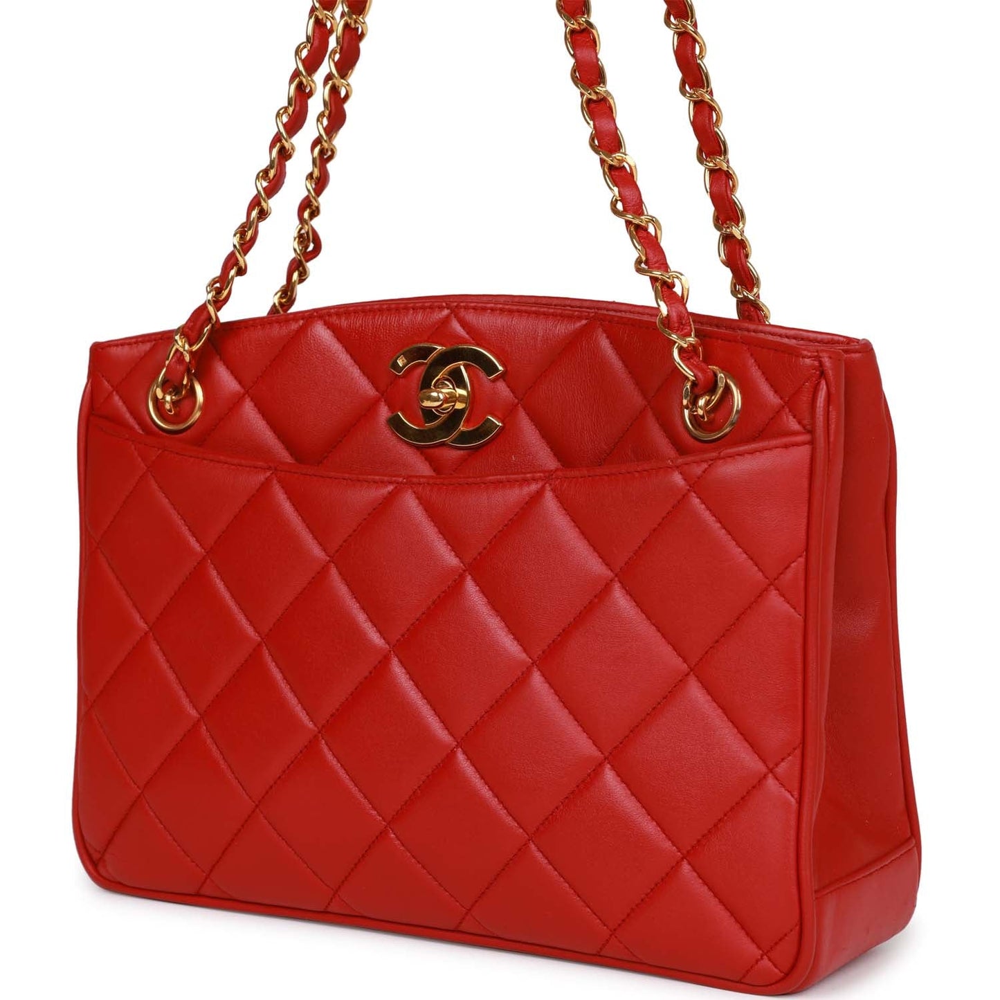 Vintage Chanel Mini Chain Tote Bag Red Lambskin Gold Hardware