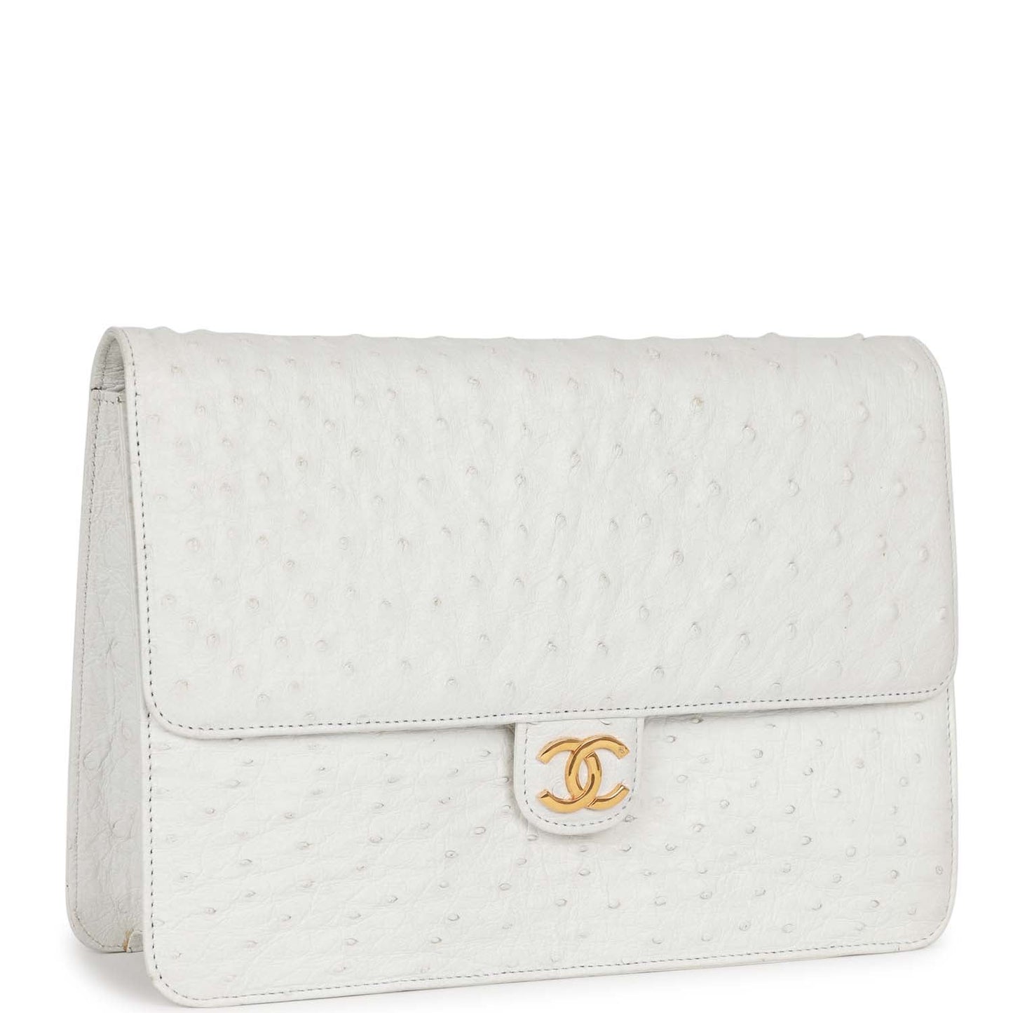 Vintage Chanel Single Flap Bag White Ostrich Gold Hardware