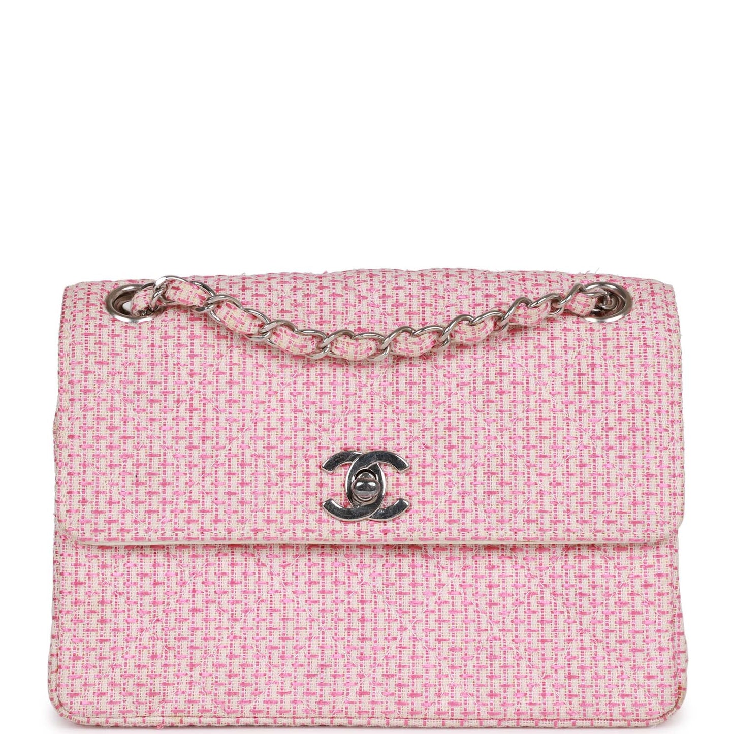 Vintage Chanel Classic Mini Flap Bag Pink Tweed Silver Hardware