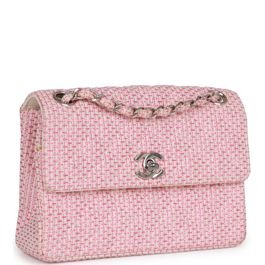 Vintage Chanel Classic Mini Flap Bag Pink Tweed Silver Hardware