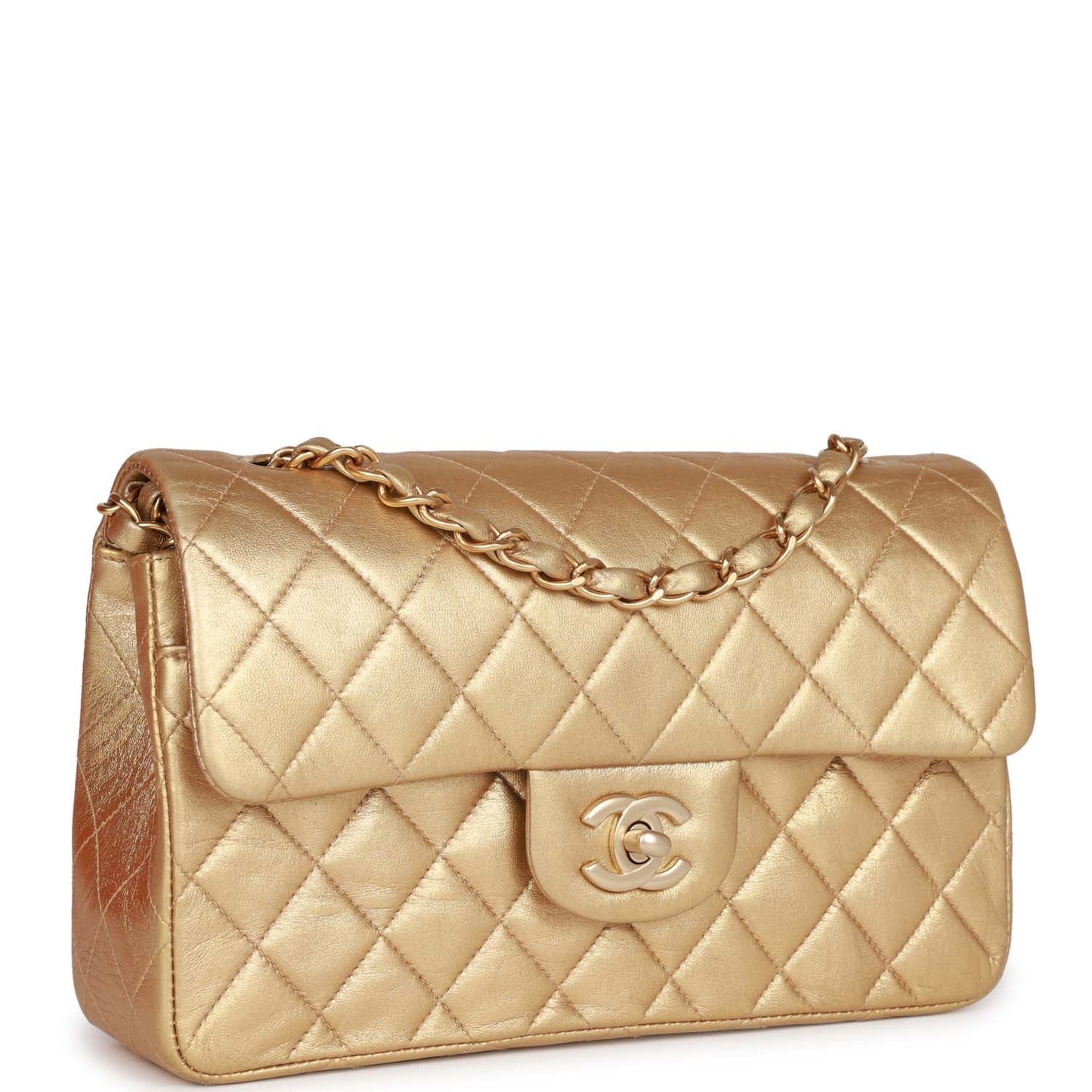 Vintage Chanel Small Classic Double Flap Bag Gold Metallic Lambskin Gold Hardware