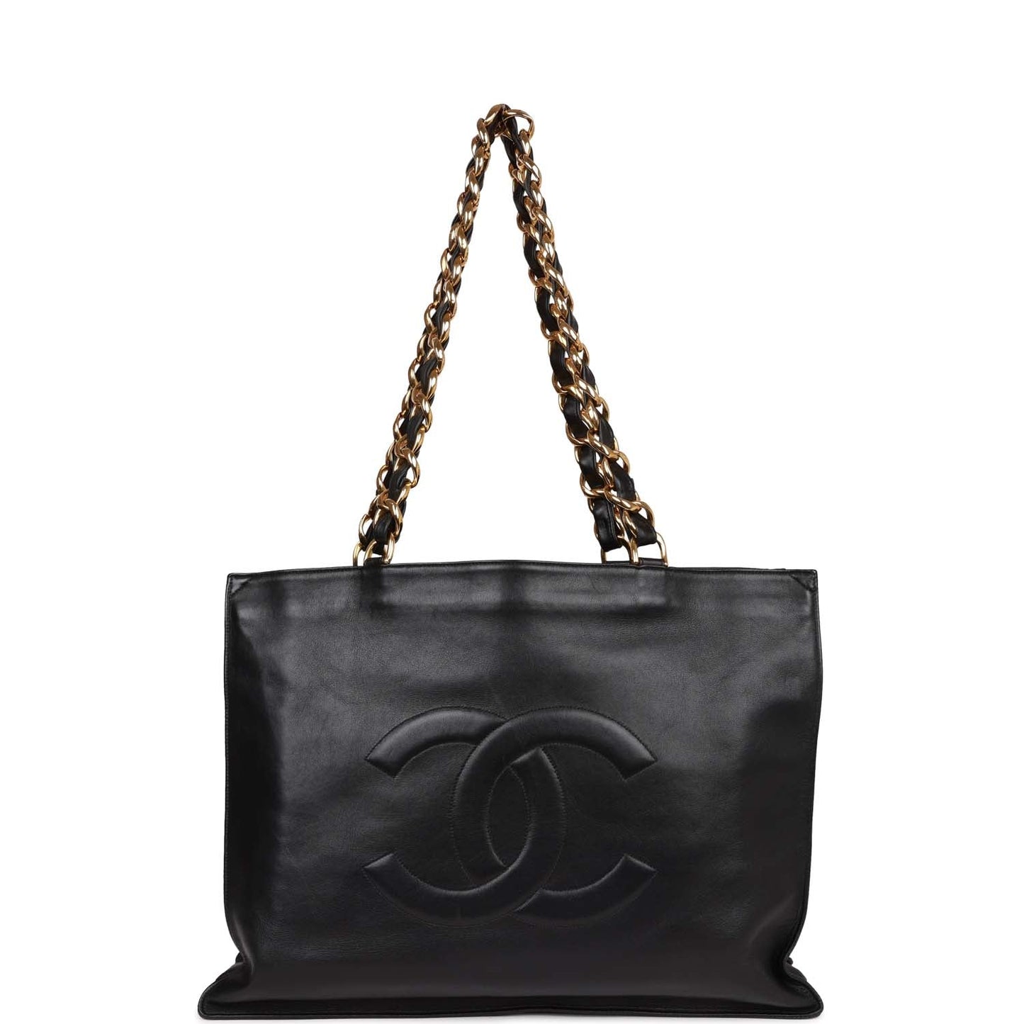 Vintage Chanel CC Chain Shopping Tote Bag Black Lambskin Gold Hardware