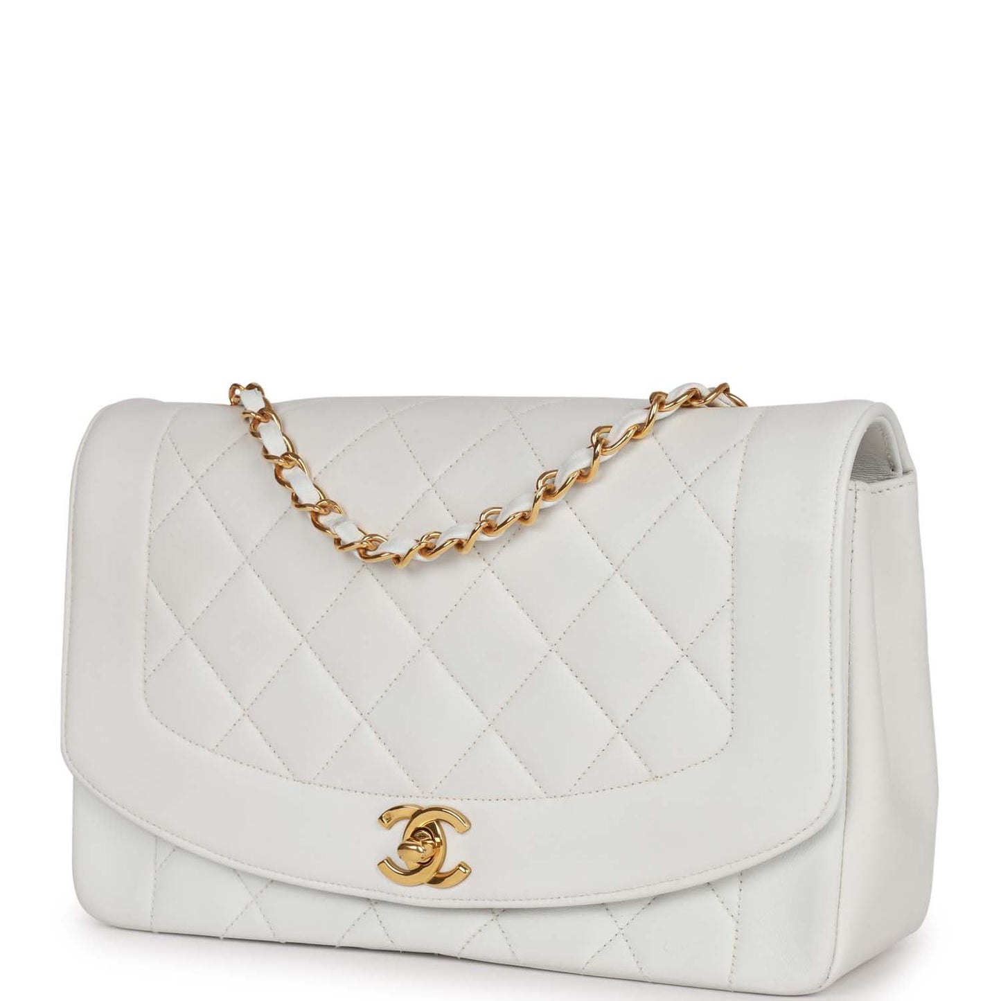 Vintage Chanel Medium Diana Flap Bag White Lambskin Gold Hardware