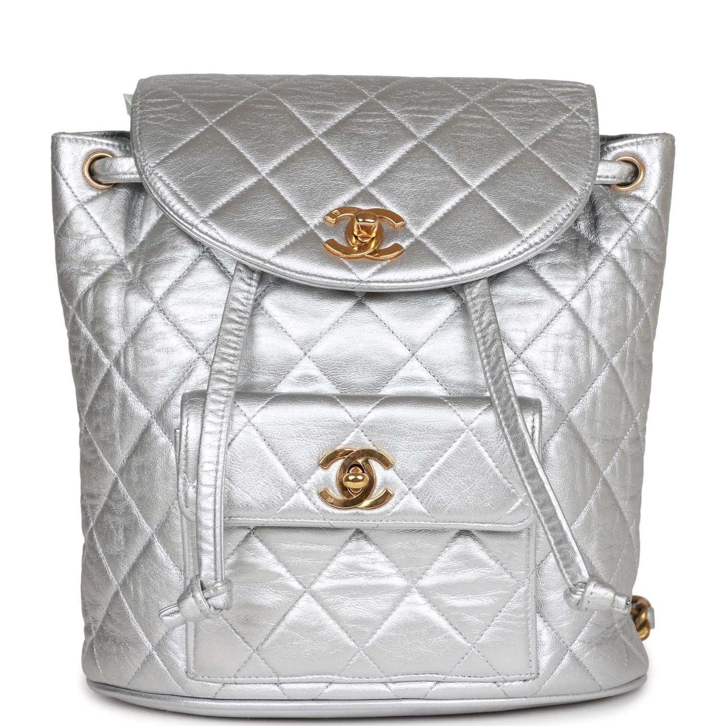 Vintage Chanel Duma Backpack Silver Metallic Lambskin Gold Hardware