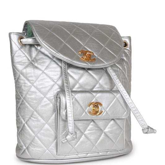 Vintage Chanel Duma Backpack Silver Metallic Lambskin Gold Hardware