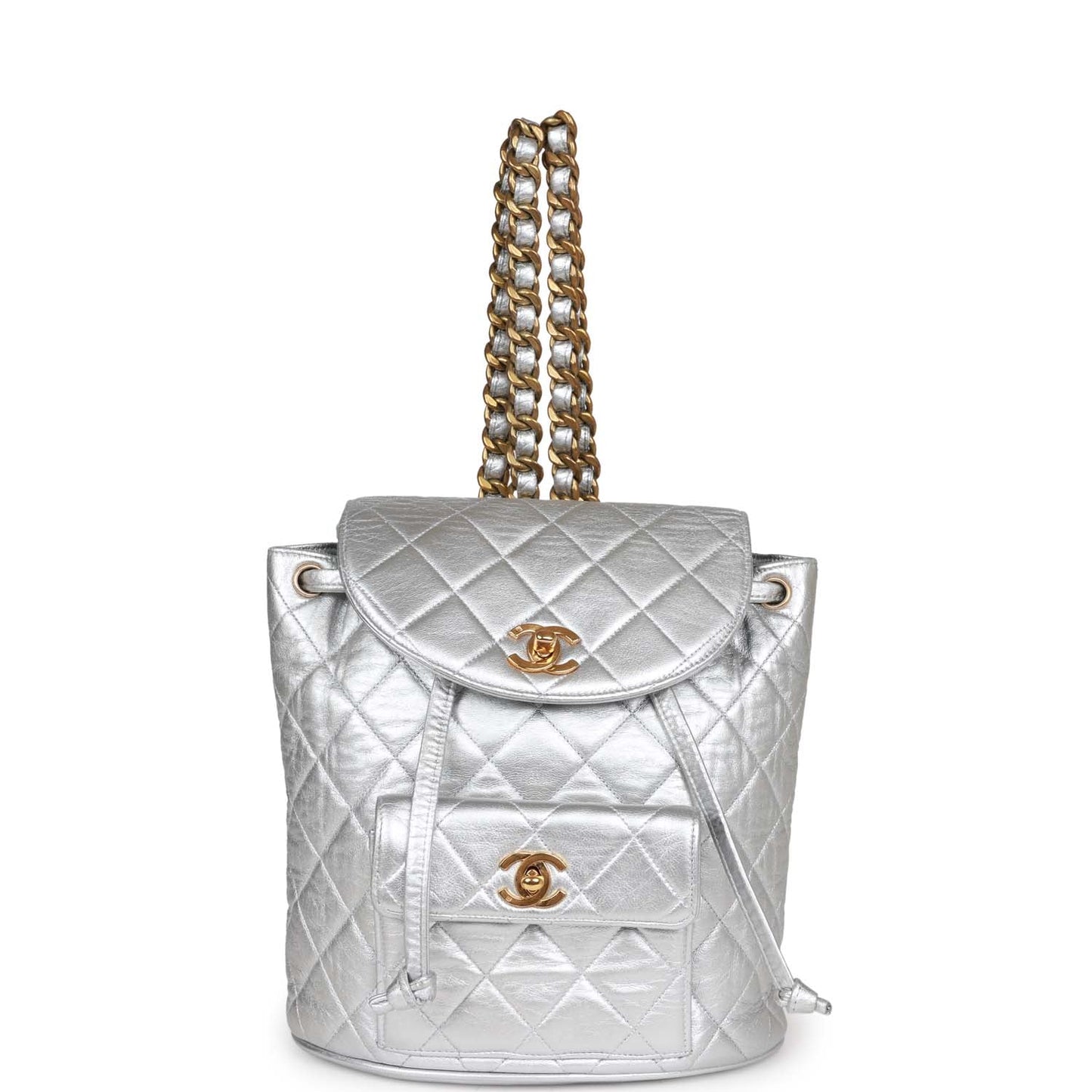 Vintage Chanel Duma Backpack Silver Metallic Lambskin Gold Hardware