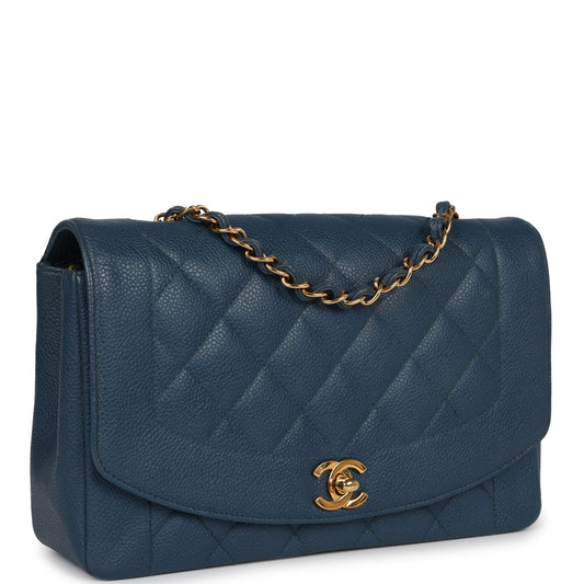 Vintage Chanel Medium Diana Flap Bag Blue Caviar Gold Hardware