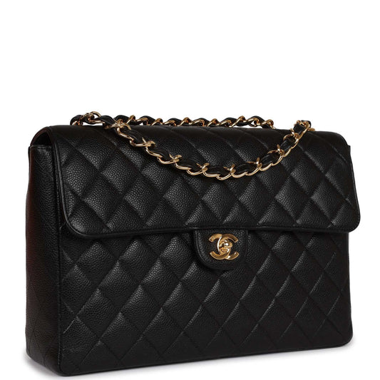 Vintage Chanel Jumbo Classic Single Flap Bag Black Caviar Gold Hardware