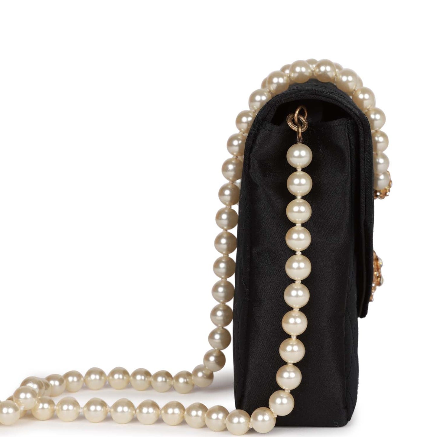 Vintage Chanel Gripoix Pearl Chain Bag Black Satin Gold Hardware