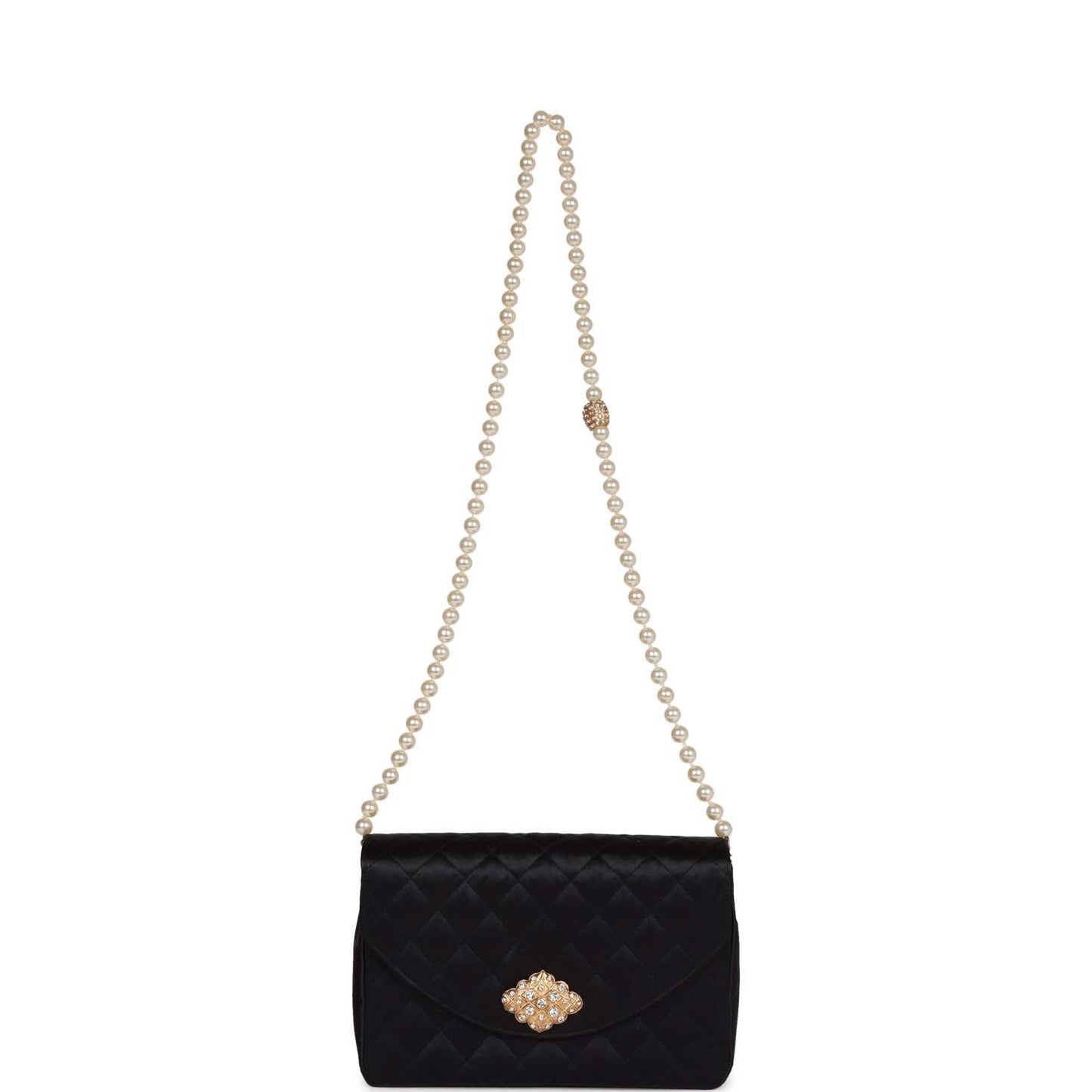 Vintage Chanel Gripoix Pearl Chain Bag Black Satin Gold Hardware