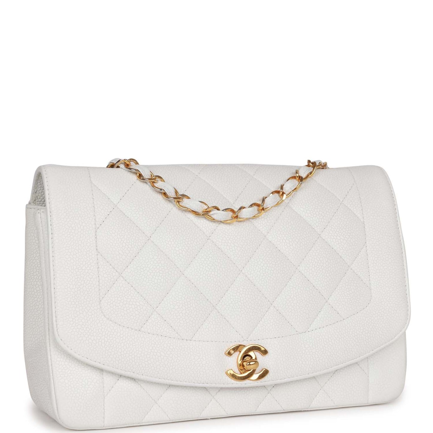 Vintage Chanel Medium Diana Flap Bag White Caviar Gold Hardware