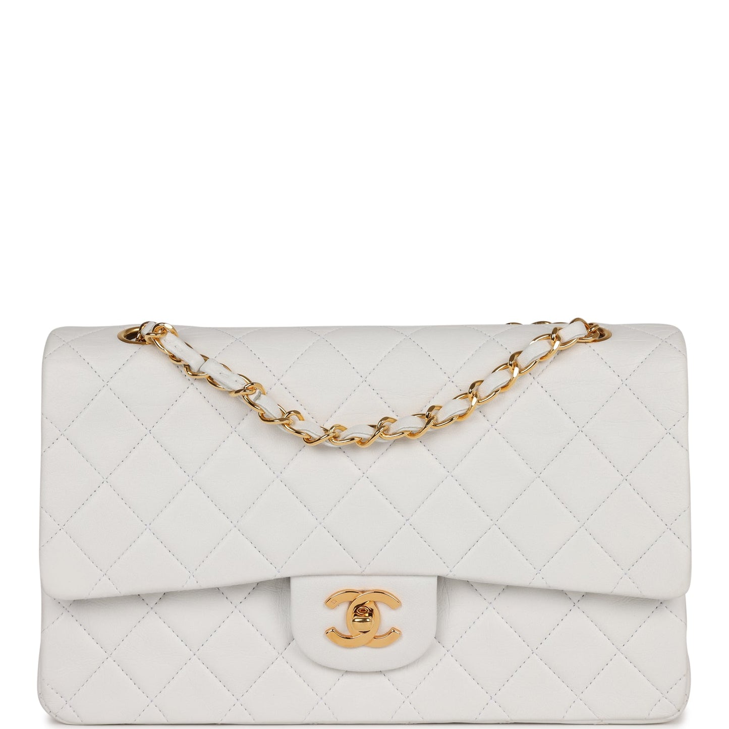 Vintage Chanel Medium Classic Double Flap Bag White Lambskin Gold Hardware