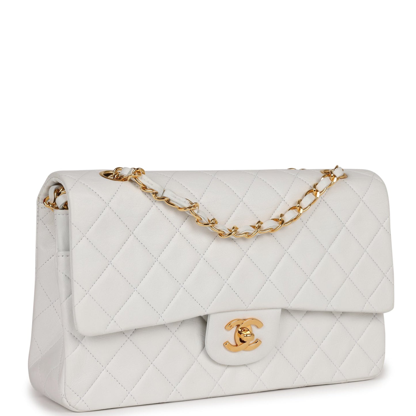 Vintage Chanel Medium Classic Double Flap Bag White Lambskin Gold Hardware