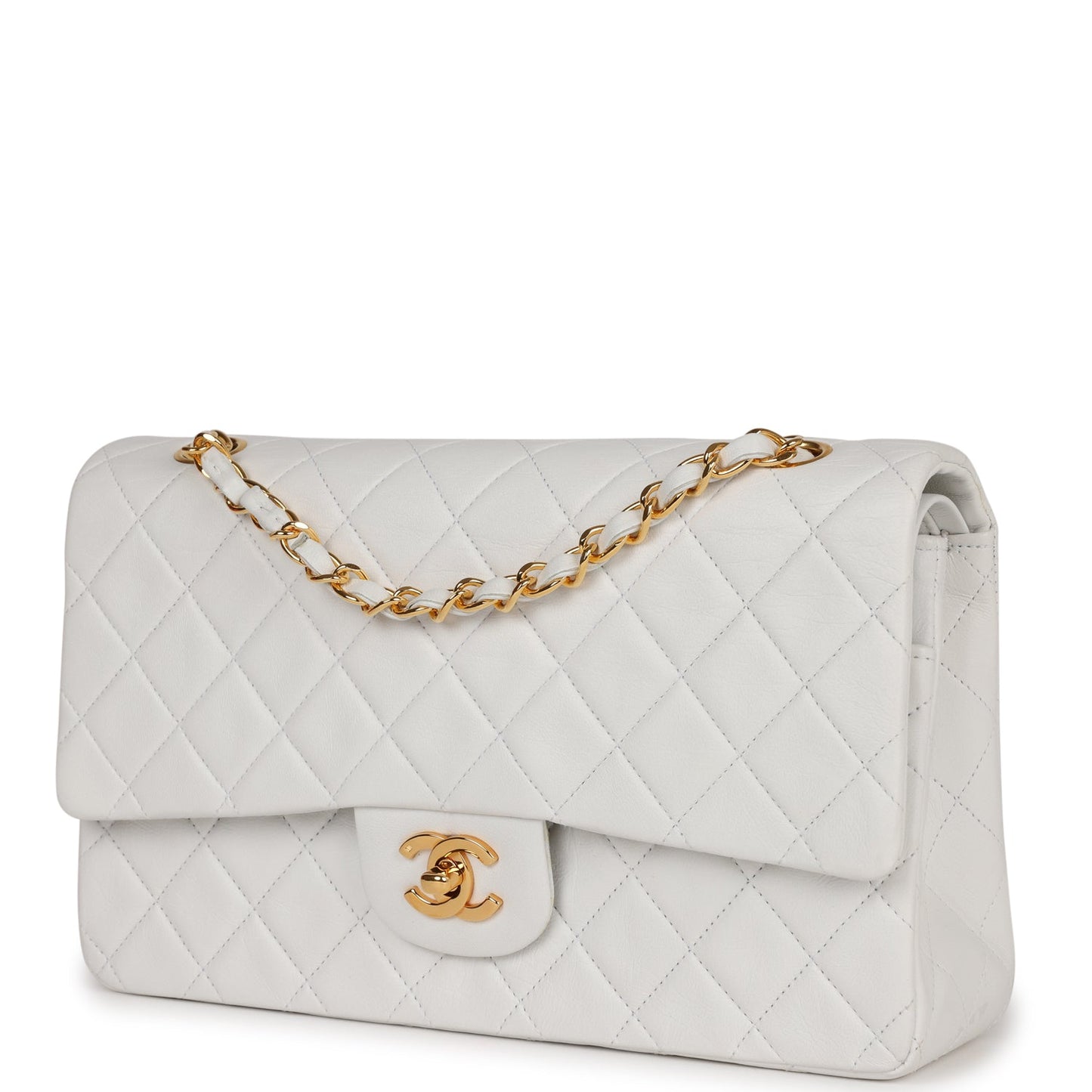 Vintage Chanel Medium Classic Double Flap Bag White Lambskin Gold Hardware