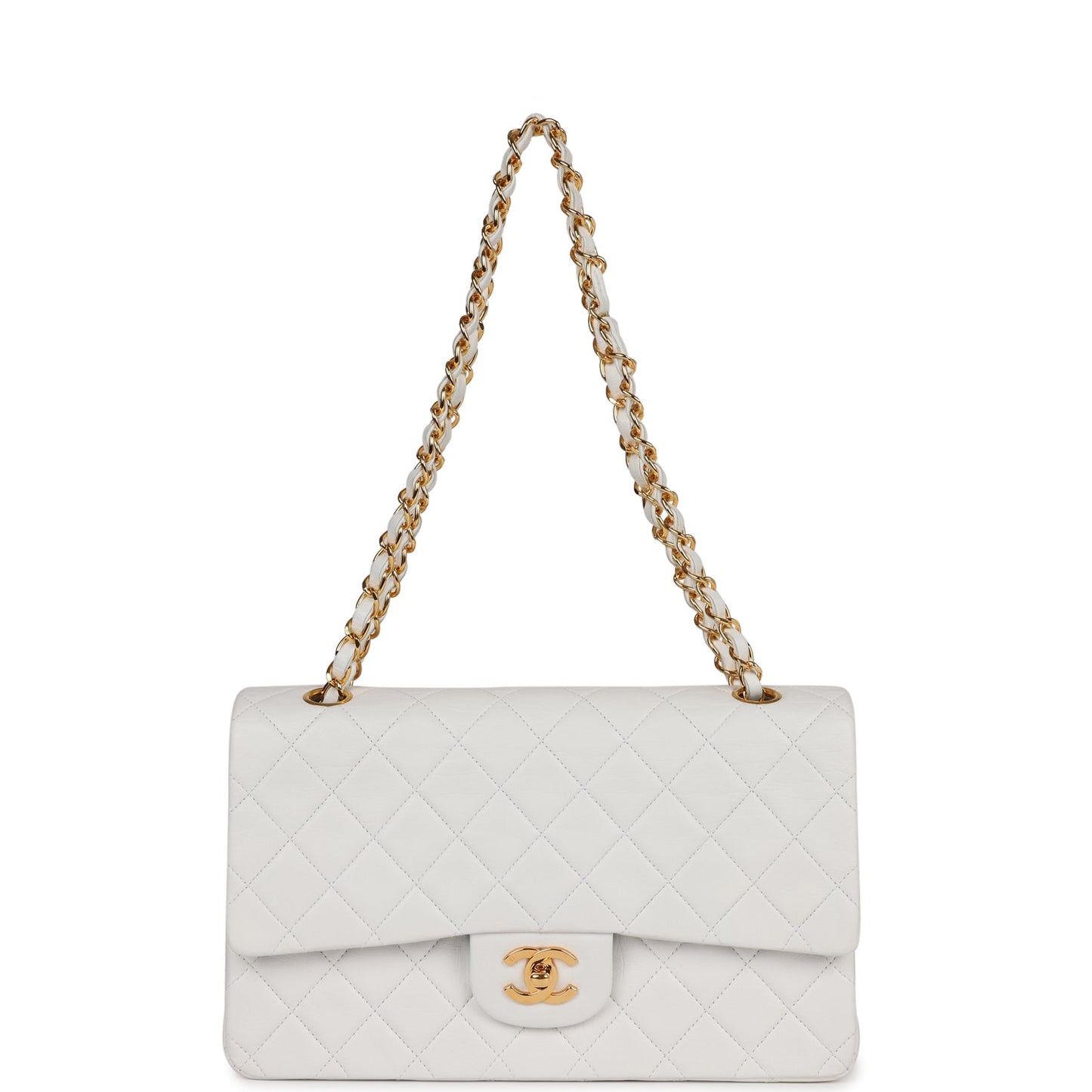 Vintage Chanel Medium Classic Double Flap Bag White Lambskin Gold Hardware