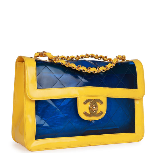 Vintage Chanel Maxi Flap Bag Yellow/Blue Quilted Patent Leather Gold Hardware