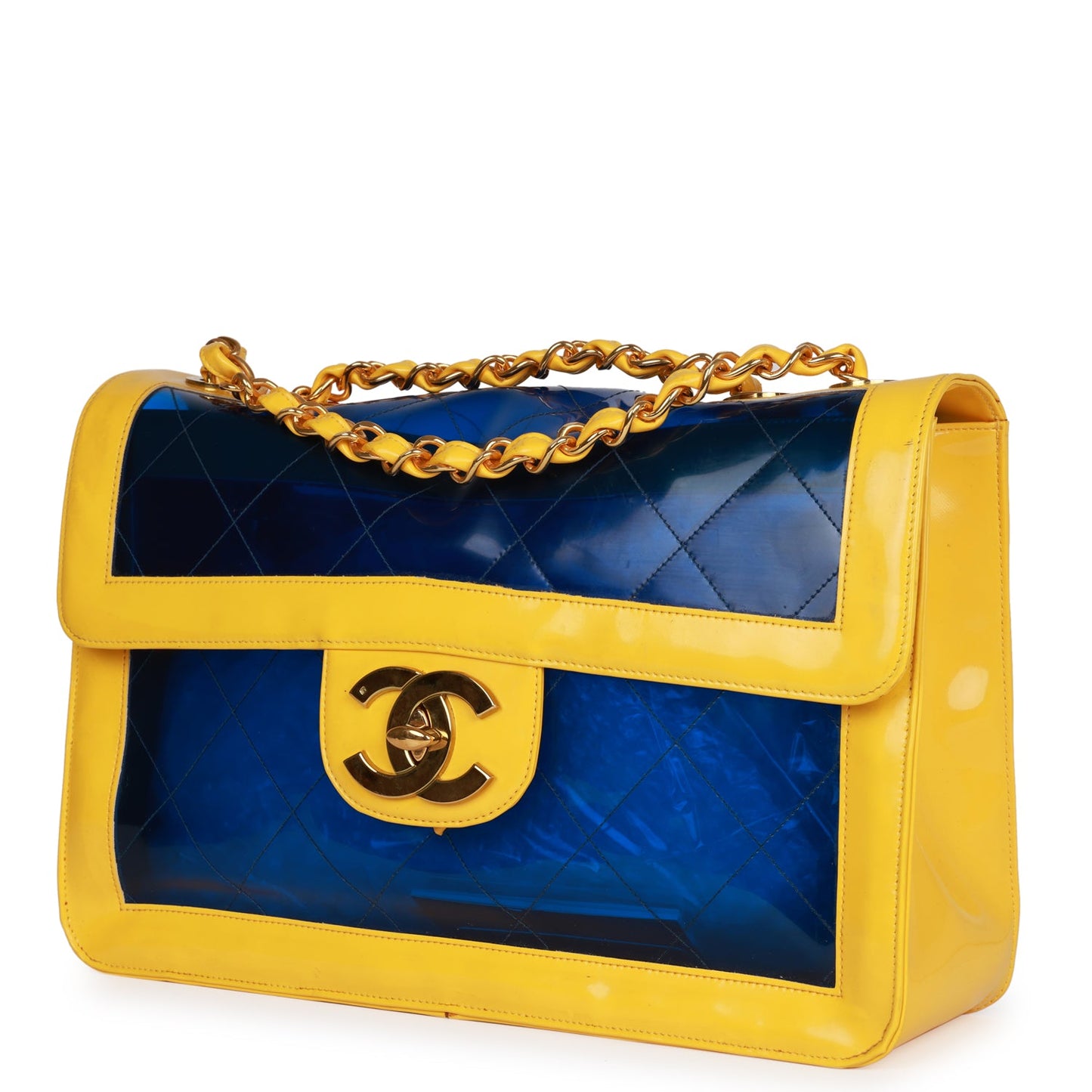 Vintage Chanel Maxi Flap Bag Yellow/Blue Quilted Patent Leather Gold Hardware