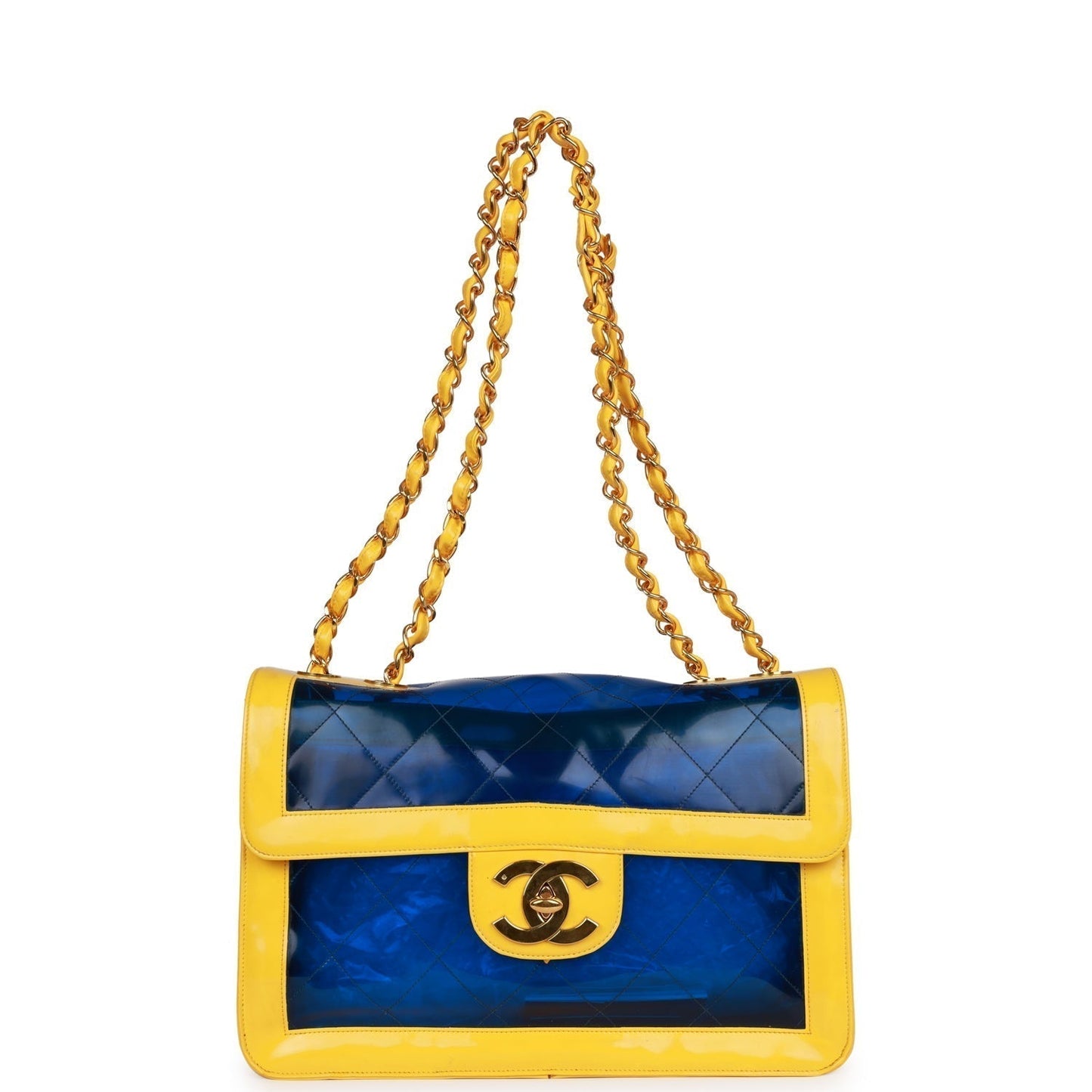 Vintage Chanel Maxi Flap Bag Yellow/Blue Quilted Patent Leather Gold Hardware