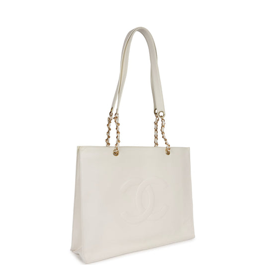 Vintage Chanel CC Chain Shopping Tote Bag White Caviar Gold Hardware