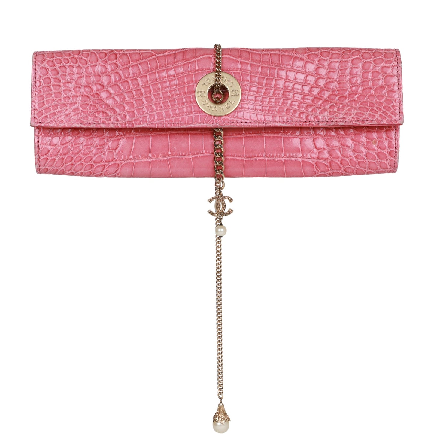 Vintage Chanel Chain Envelope Evening Clutch Bag Pink Crocodile Gold Hardware