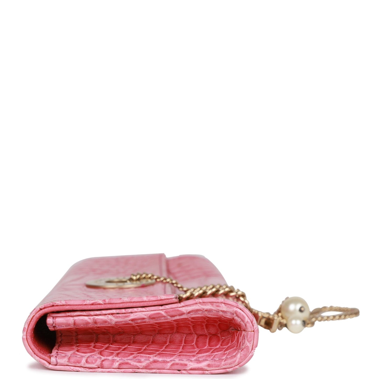 Vintage Chanel Chain Envelope Evening Clutch Bag Pink Crocodile Gold Hardware