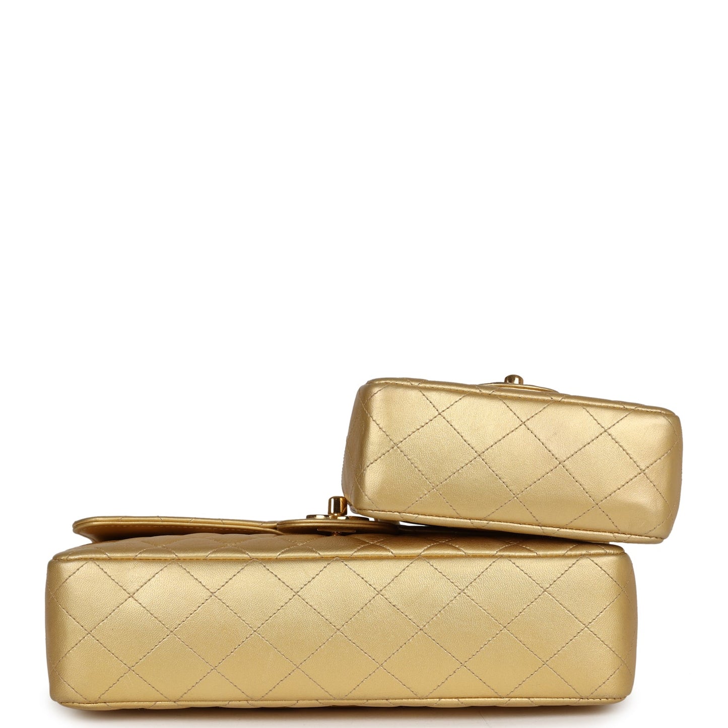 Vintage Chanel Kelly Parent and Child Flap Bag Set Gold Metallic Lambskin Gold Hardware