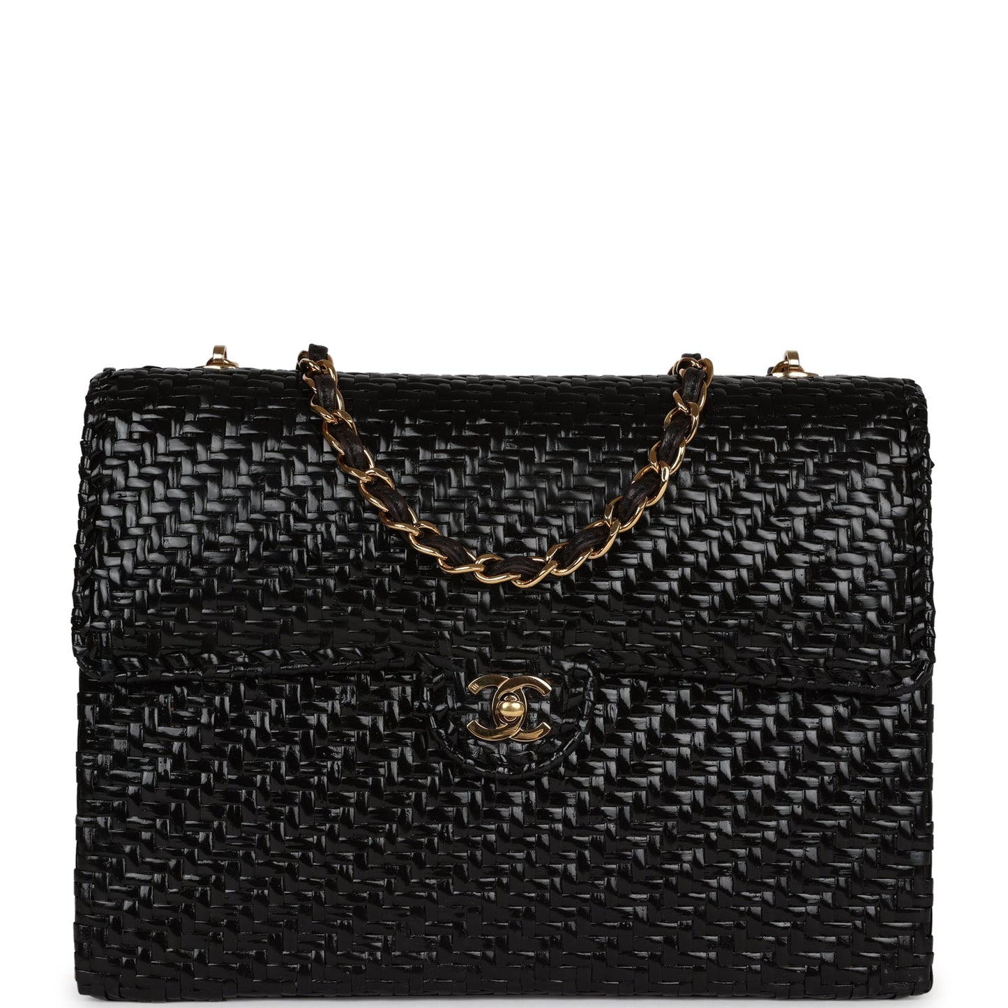 Vintage Chanel Flap Bag Black Wicker Gold Hardware