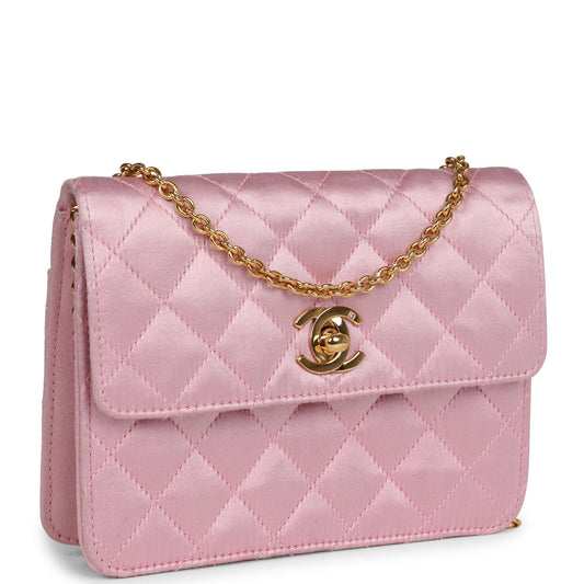 Vintage Chanel Mini Straight Flap Bag Pink Satin Gold Hardware