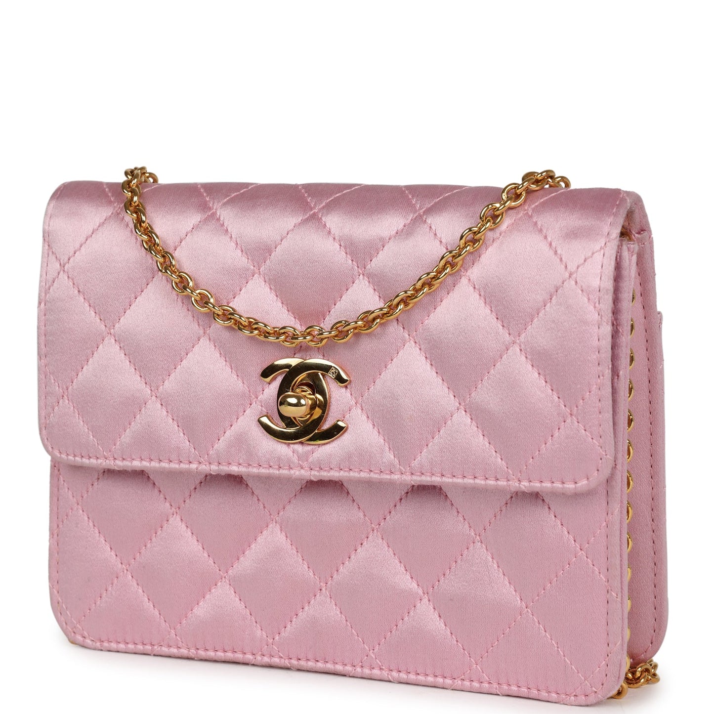 Vintage Chanel Mini Straight Flap Bag Pink Satin Gold Hardware