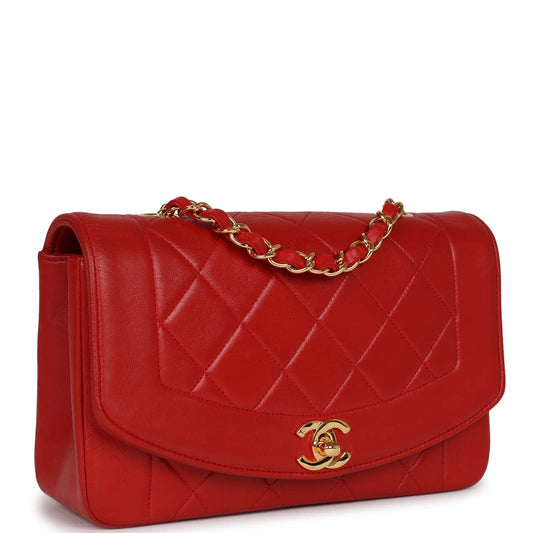 Vintage Chanel Medium Diana Flap Bag Red Lambskin Gold Hardware