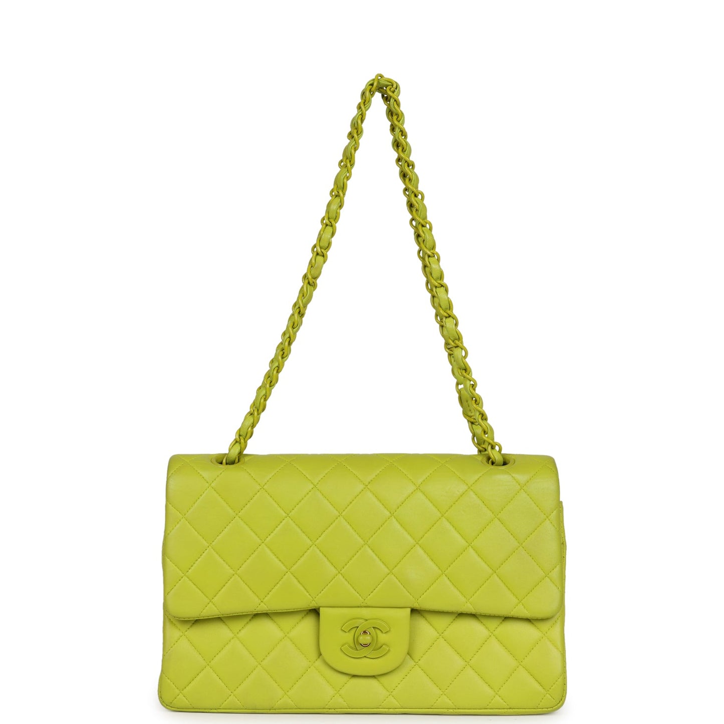 Vintage Chanel Medium Classic Double Flap Lime Green Lambskin Green Hardware