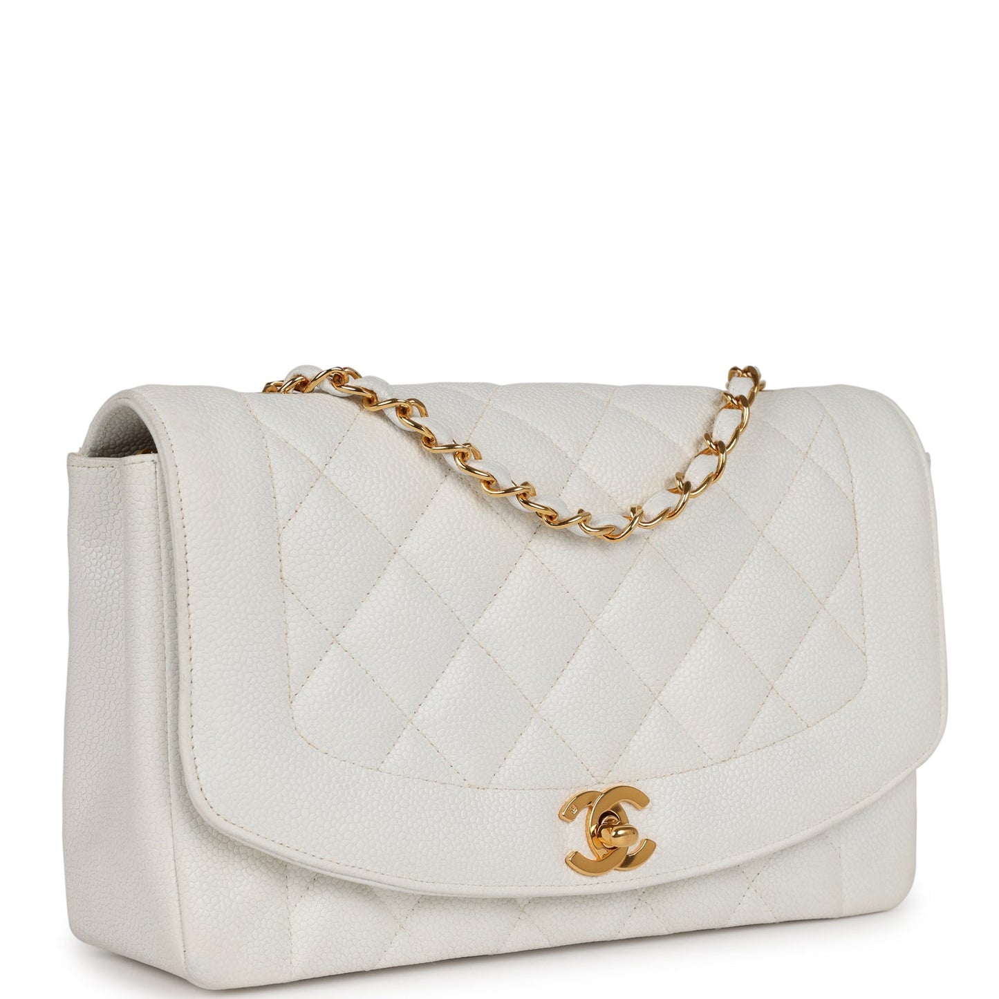 Vintage Chanel Medium Diana Flap Bag White Caviar Gold Hardware