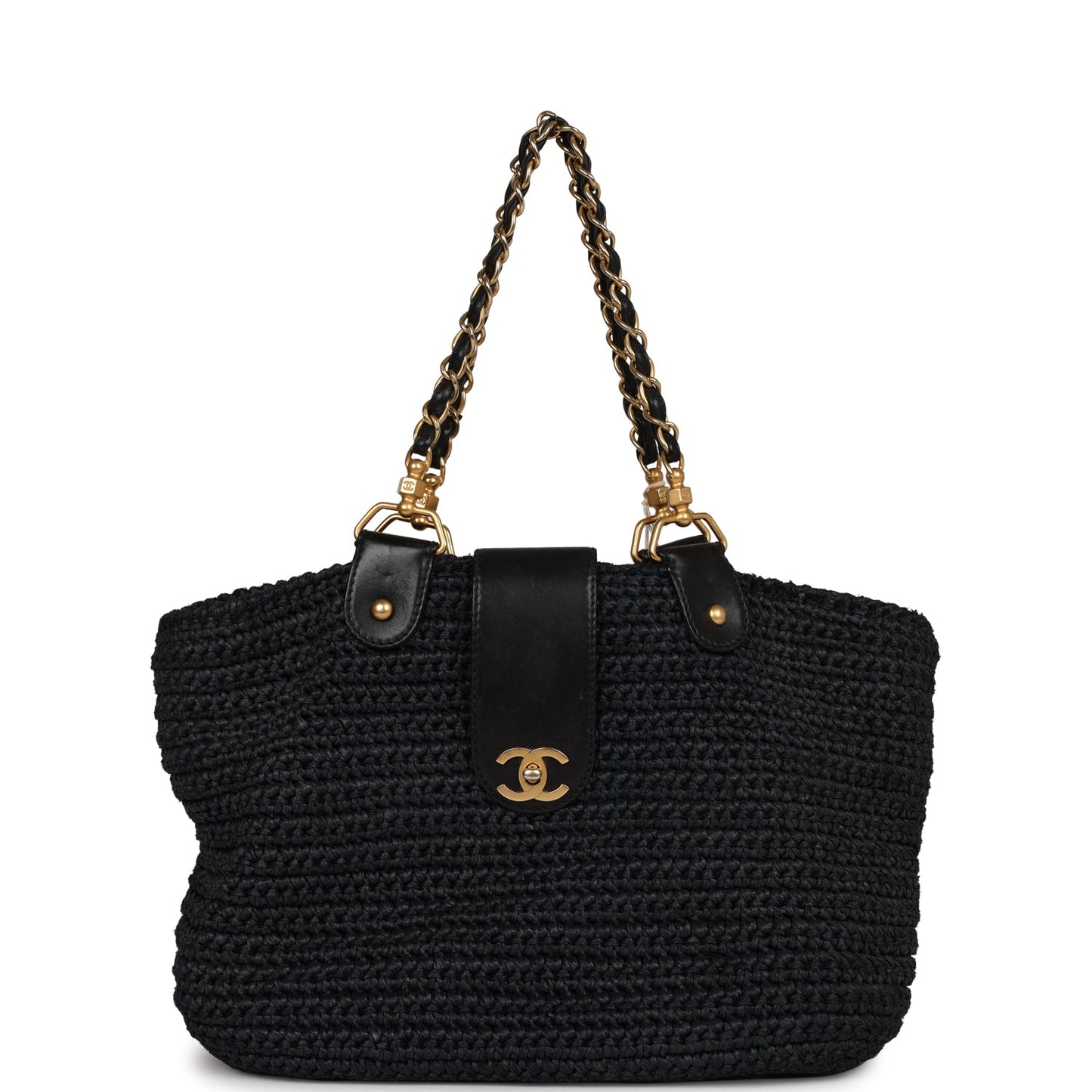 Vintage Chanel Straw Tote Black Raffia Gold Hardware