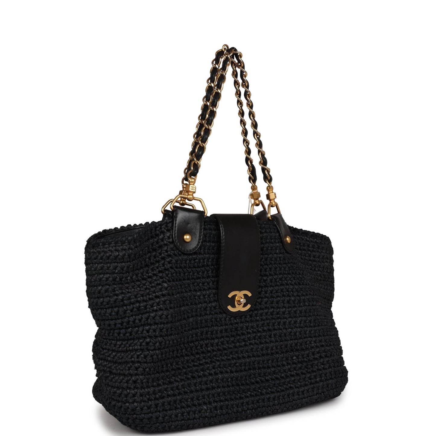 Vintage Chanel Straw Tote Black Raffia Gold Hardware