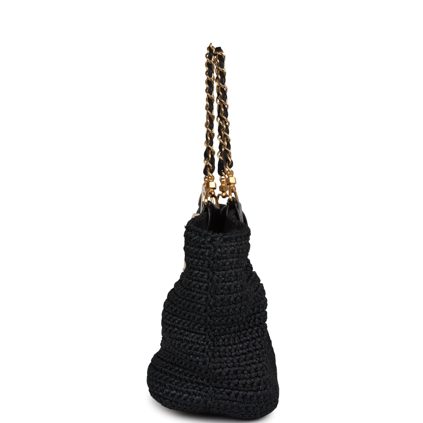 Vintage Chanel Straw Tote Black Raffia Gold Hardware