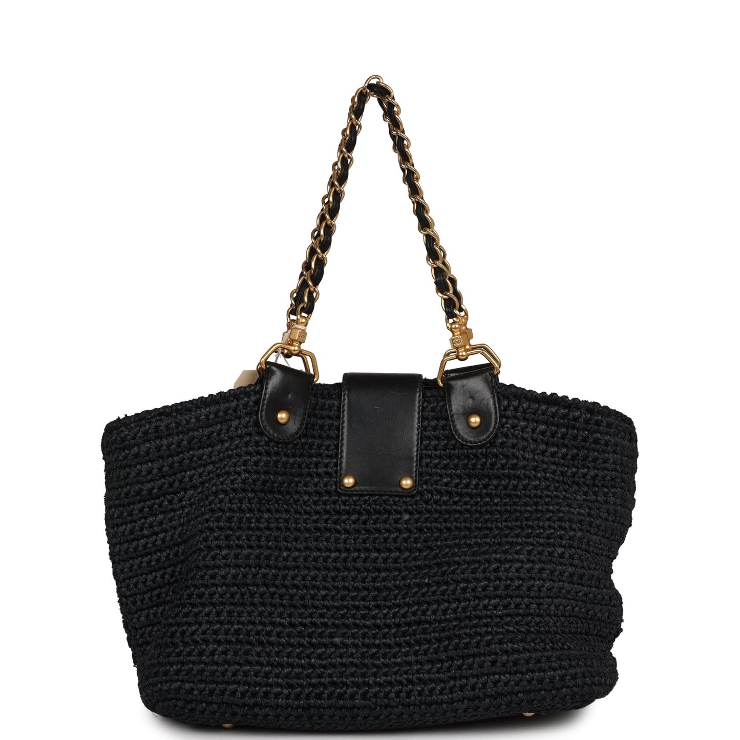 Vintage Chanel Straw Tote Black Raffia Gold Hardware