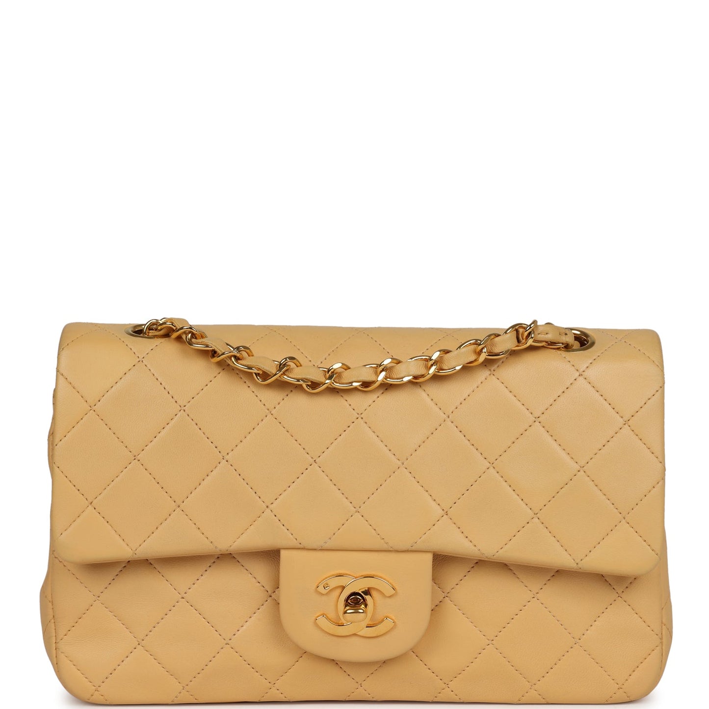 Vintage Chanel Small Classic Double Flap Beige Lambskin Gold Hardware