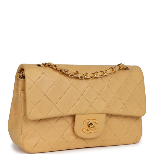 Vintage Chanel Small Classic Double Flap Beige Lambskin Gold Hardware