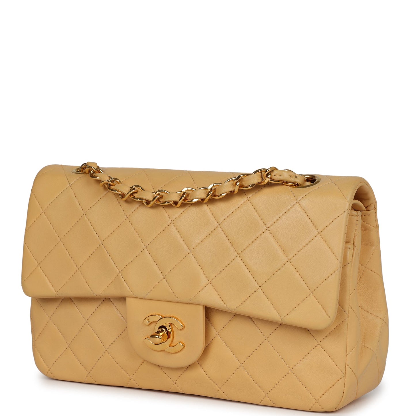 Vintage Chanel Small Classic Double Flap Beige Lambskin Gold Hardware