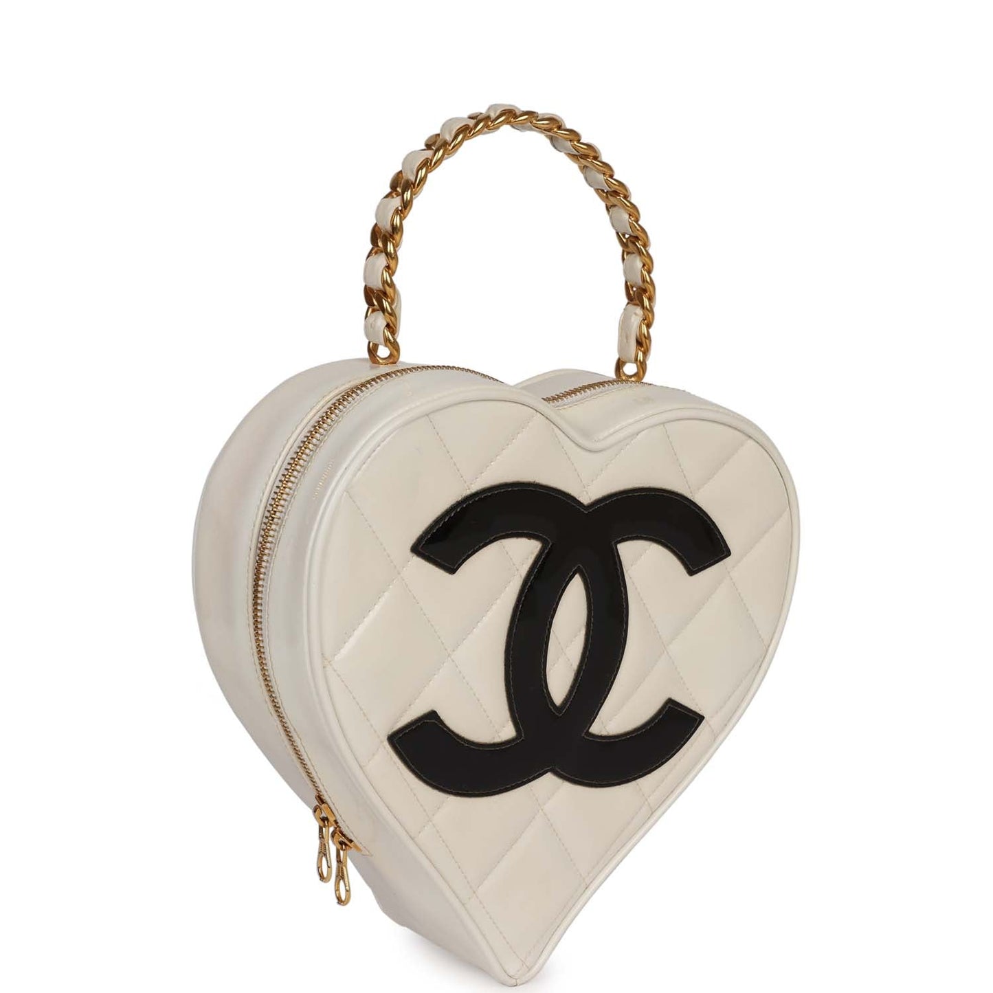 Vintage Chanel Heart Vanity Bag White and Black Patent Antique Gold Hardware