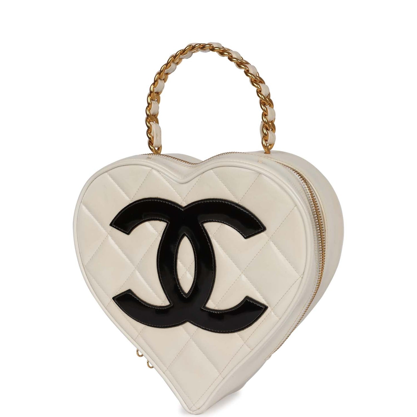 Vintage Chanel Heart Vanity Bag White and Black Patent Antique Gold Hardware