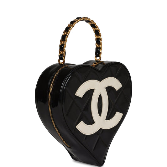 Vintage Chanel Heart Vanity Bag Black and White Patent Antique Gold Hardware